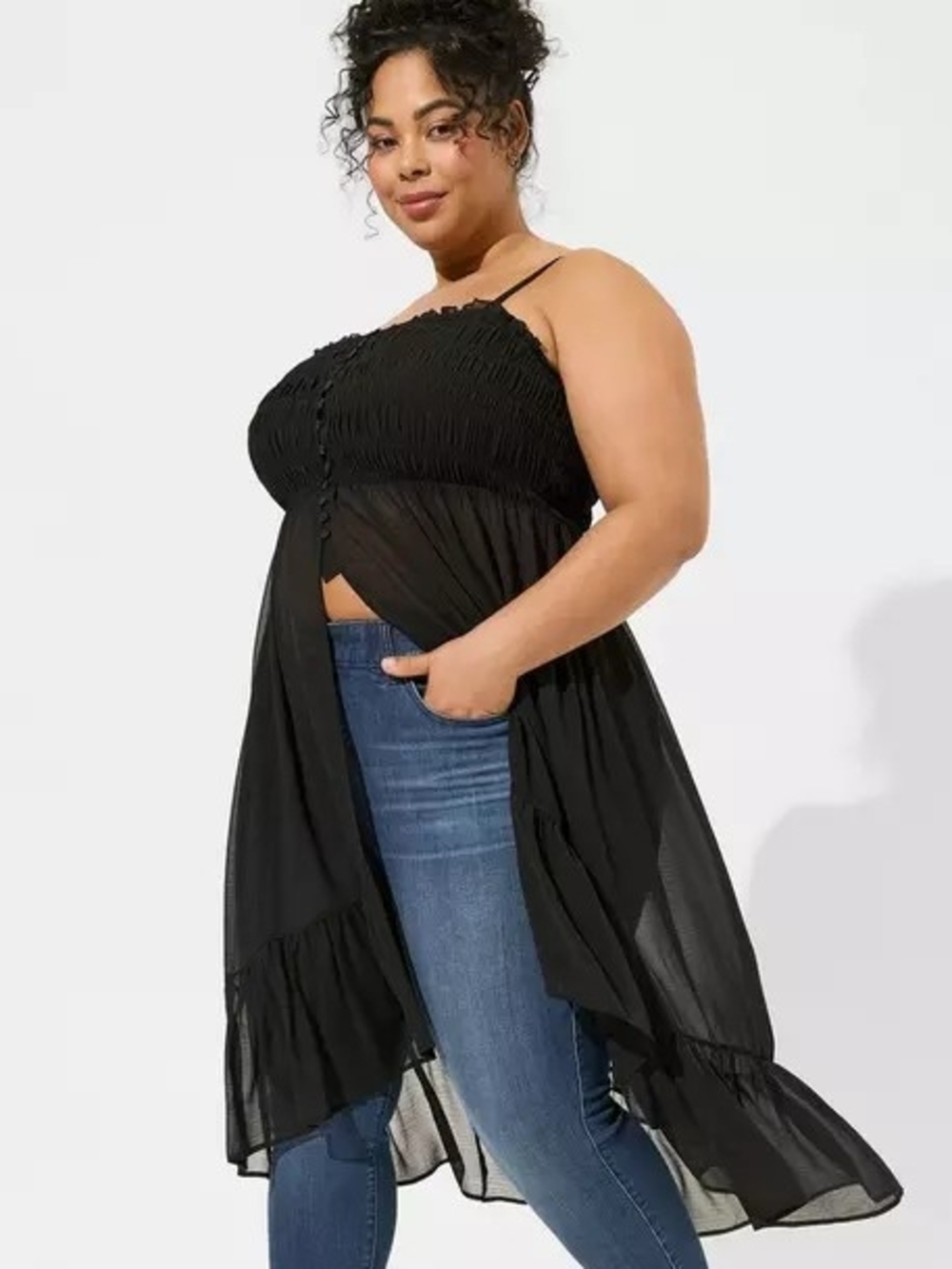 torrid Black Smocked Waist Blouse with Ruffle Trim